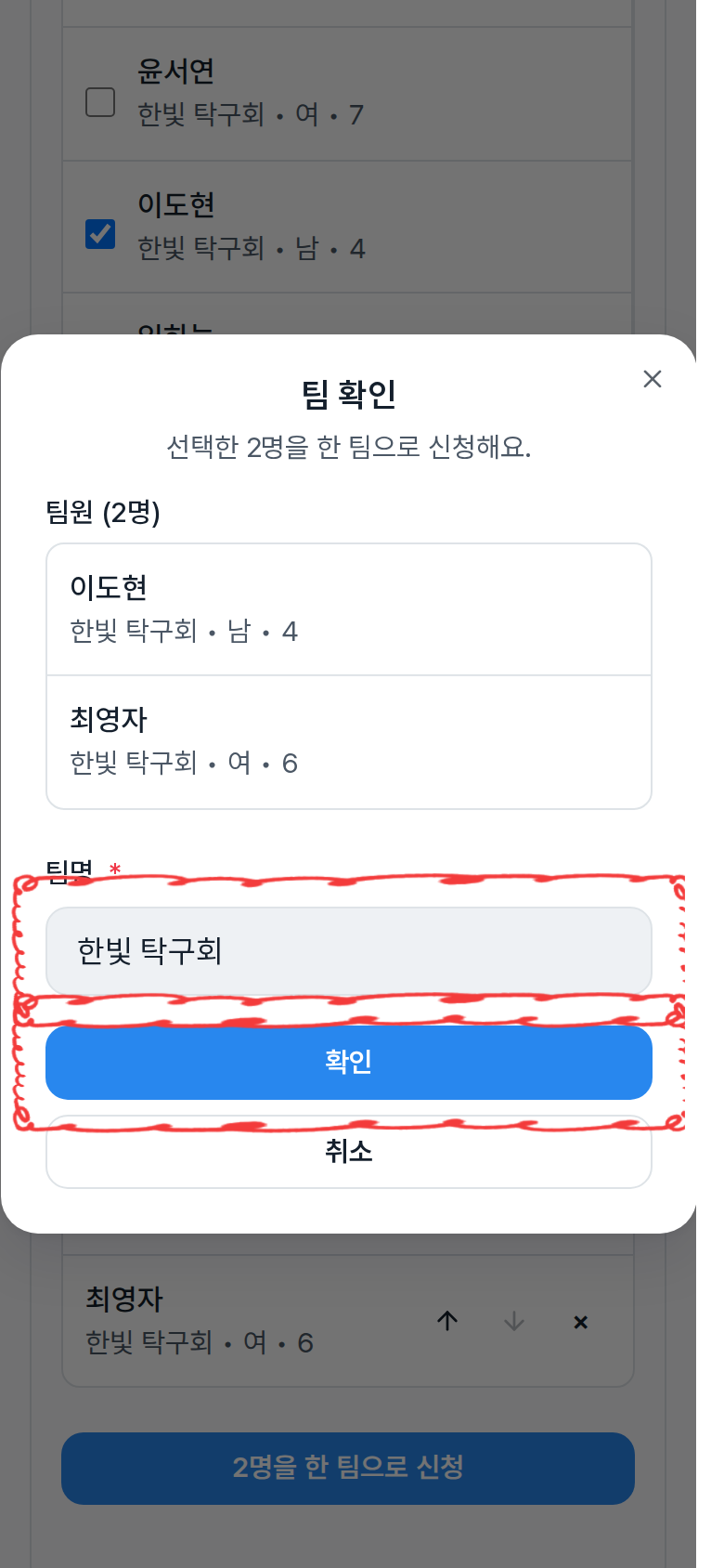 팀 확인 창의 팀원 목록과 팀명 칸, 확인 버튼 강조