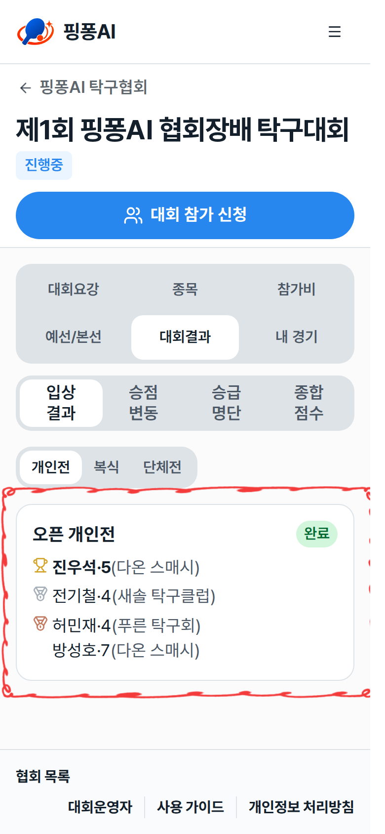 입상결과의 종목 카드와 우승·준우승·3위 줄 강조